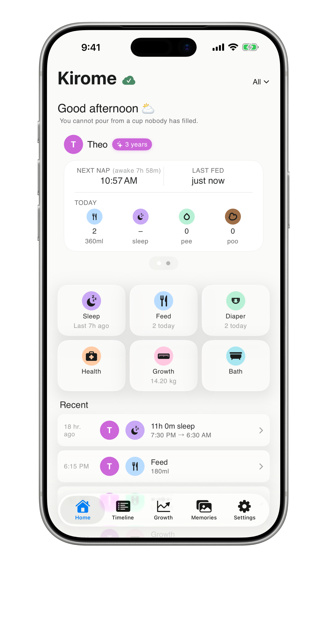 Kirome dashboard on iPhone — Sleep, Feed, Nappy, Growth tiles plus recent activity