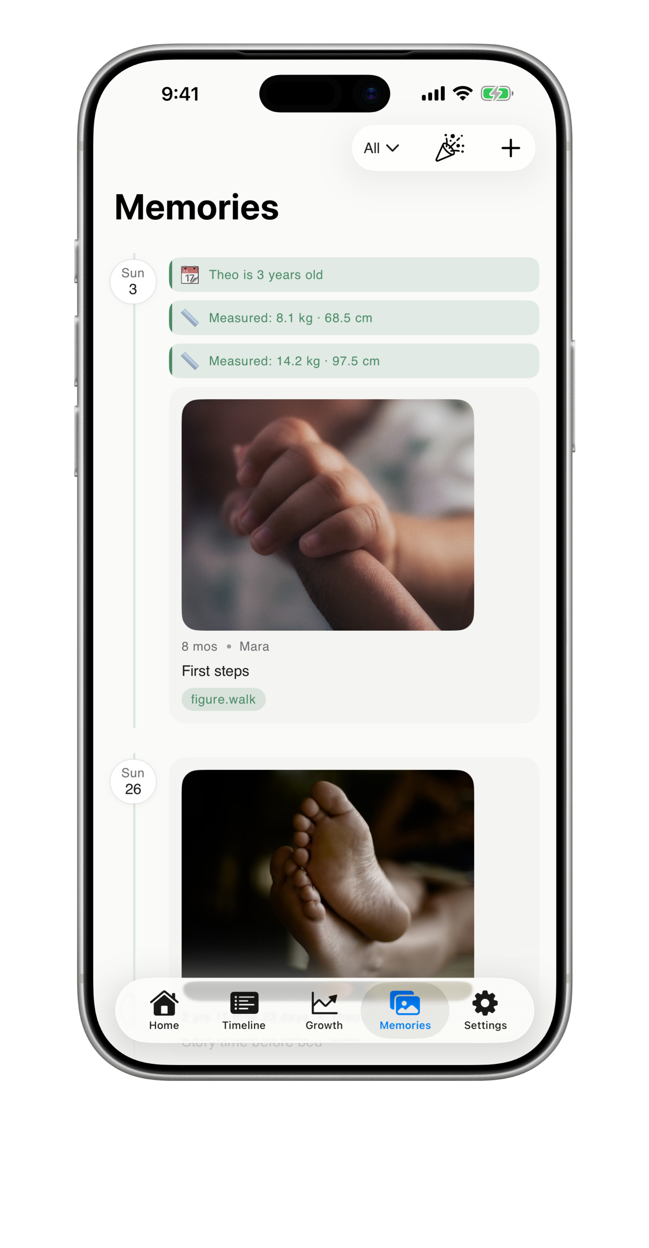 Kirome memories view on iPhone — chronological photos and milestones
