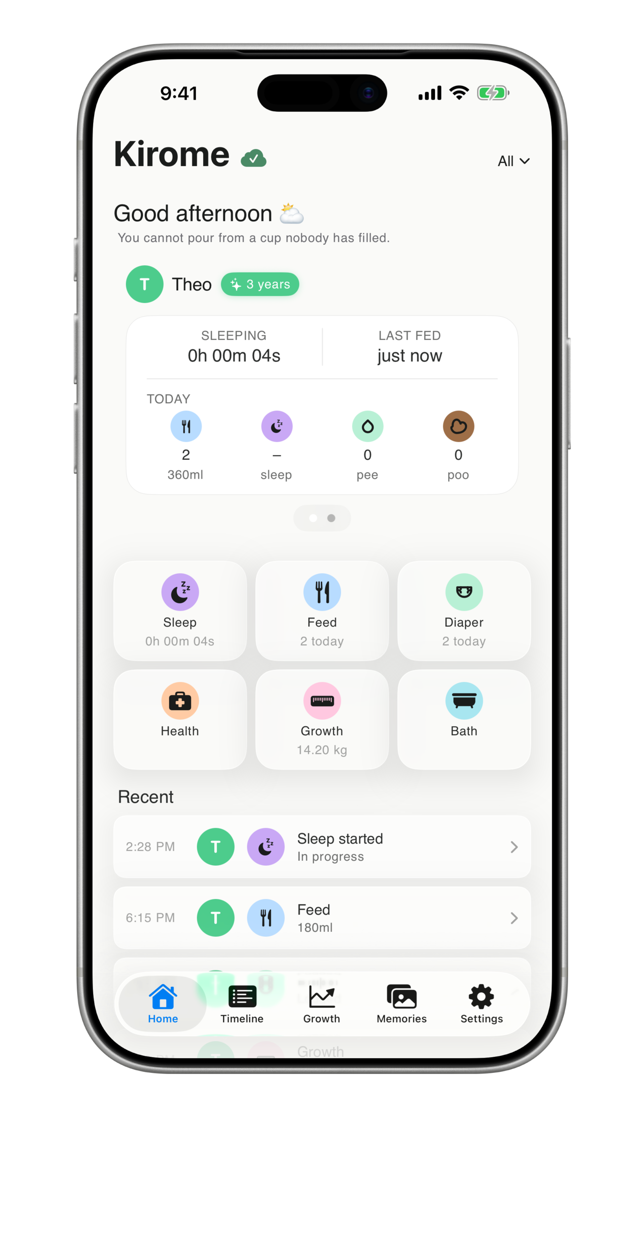 Kirome sleep view on iPhone — predicted wake window and recent naps